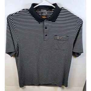 "Greg Norman for Tasso Elba Five Iron Striped Polo Shirt Shark Logo PlayDry Golf